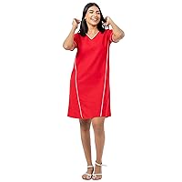 Lexie Red Contrast Panel Red V-Neck Slim Clothes Short Mid Calf Dress for Women