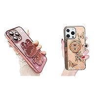 for iPhone 15 Pro Case for Women Girls with Cute Hidden Rabbit Bunny Mirror Stand+Bling Diamond Glitter Butterfly Flower Design with Ring Kickstand