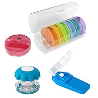 EZY DOSE Weekly (14-Day) Medication Management Bundle, Pill Organizer, Vitamin, and Medicine Box with Pill Cutter and Crusher, Colors May Vary