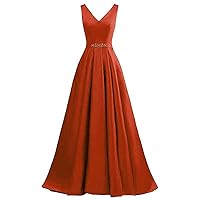Women's V Neck Satin Beaded Ball Gowns A Line Floor Length with Pocket Prom Dress