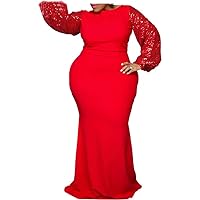 Women's Plus Size Bodycon Dress - Elegant Sequin Long Sleeve Solid Sexy Evening Party Maxi Long Dress