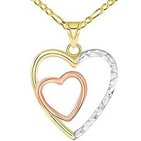14k Yellow and Rose Gold Textured Tri-Tone Double Open Heart Pendant with Figaro Chain Necklace