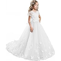 Lace Flower Girl Dress Butterfly Kids First Communion Gown Princess Wedding Royal Train