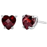 Peora Solid 14K White Gold Garnet Heart Stud Earrings for Women, Genuine Gemstone Birthstone Solitaire Studs, 6mm, 1.75 Carats total, Friction Back