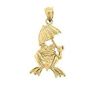 18K Yellow Gold Frog With Umbrella Pendant, Made in USA
