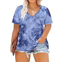 RITERA Plus Size Tops for Women Summer T Shirts V Neck Short Sleeve Casual Loose Basic Tee Tops with Front Pocket Blue Tie Dye 3XL 22W 24W