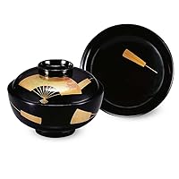 J-kitchens Luxury Wooden Suction Bowl, 4.2 Size, Black Lacquered, Fan Face Spring and Autumn, Made in Japan