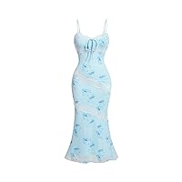 Floerns Women's Floral Print Tie Front Summer Fishtail Hem Party Midi Cami Dress