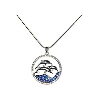 Silver Finish Triple Dolphin Ocean Blue Crystal Wave Pendant Charm Necklace 17