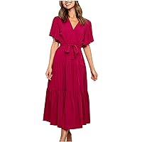 Maxi Dress for Women, Summer Dresses for Women 2024 Ruffle Flutter Sleeve Beach Party Dresses Solid V Neck Flowy Dress