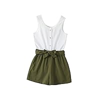 WDIRARA Girl's Two Tone Button Front Sleeveless Belted Rib Knit Romper