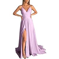 Women's Long Satin Prom Dresses with Pockets A-Line Slit Criss Cross Back Party Gowns