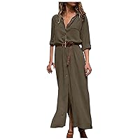 Spring Dress Ladies Hawaii Three Quarter Sleeve Long Date Night V Neck Strapless Comfort Light Cotton Solid Tunic Dress Women Army Green