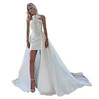 Melisa High Low Satin Mermaid Bridal Ball Gown Wedding Dresses for Women Bride with Detachable Train Long
