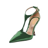 XYD Women Chic Pointed Closed Toe Pumps Metallic High Heel Slender T-Strap with Buckle Dress Party Casual Shoes