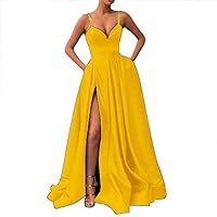 Womens Long Spaghetti Straps Satin Prom Dress Sleeveless Slit Evening Ball Gown with Pockets