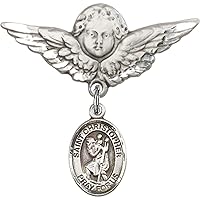 Jewels Obsession Baby Badge with St. Christopher Charm and Angel with Wings Badge Pin | Sterling Silver Baby Badge with St. Christopher Charm and Angel with Wings Badge Pin - Made In USA