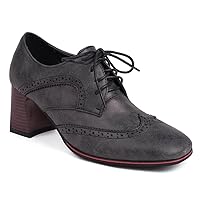 Women's Lace Up Wingtip Oxfords Pumps Chunky Block Heels Square Toe Perforated Classic Dress Shoes