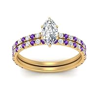 Choose Your Gemstone Three Quarter Diamond CZ Gallery Bridal Ring Yellow Gold Plated Marquise Shape Wedding Ring Lightweight Office Wear Everyday Gift Jewelry US Size 4 to 12