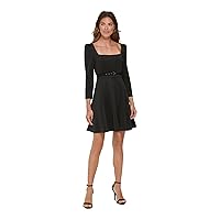 DKNY Womens Black Belted Zippered Unlined 3/4 Sleeve Square Neck Above The Knee Party Fit + Flare Dress 2
