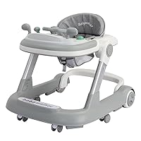 Foldable Activity Walker, Toddler Baby Push Walker with Removable Feeding Tray and Music Tray(Without Battery), 2 in 1 Baby Walker for 6-18 Months Boys and Girls (Gray)