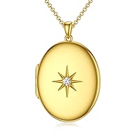 SOULMEET 10K 14K 18K Solid Gold/Plated Gold Oval Locket That Holds Multi Pictures Personalized Oval Sunflower/Starburst/Rose Locket Necklace Gift
