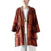 Cotton Bat Sleeve V Neck Chinese Shirt Long Chinese Style Tops Blouse for Women Brown