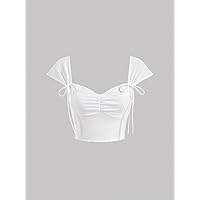 Women's Tops Sexy Tops for Women Shirts Solid Ruched Bust Knot Detail Crop Tee Shirts (Color : White, Size : Large)