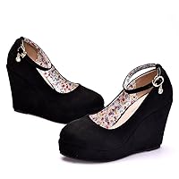 Women's Mary Jane Wedge Solid Buckle Evening Dress Round Toe Platform Lolita Shoes Cross Shoes 4 Inch Heel Height Pumps