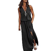 Summer Dress with Sleeves Plus Size,Women's Long Sleeveless Skirt Casual Waist Tucked Zipper Letter Print Dress