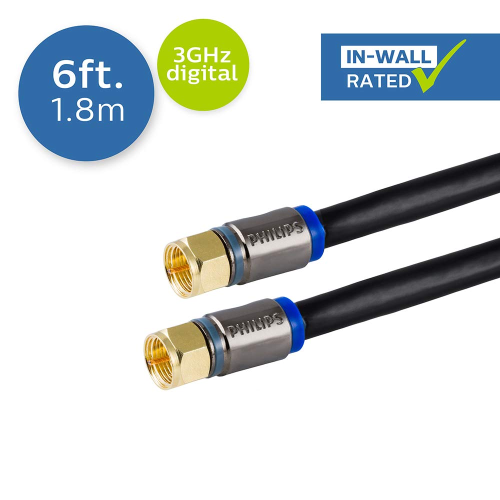 PHILIPS RG6 Quad Shield Coaxial Cable, 6 ft. in-Wall Rated, Ideal for TV Antenna DVR Satellite Cable, F-Type Connectors, 3 Ghz Digital, Black, SWX9444B/27