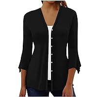 Plus Size Women 3/4 Bell Sleeve Button Down Flowy Shirts Summer Casual Loose Fit V Neck Dressy Solid Blouses Tops