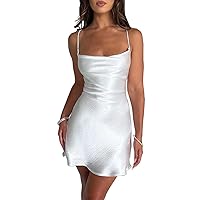 SHESEEWORLD Women's Sexy Sleeveless Spaghetti Strap Low Cut Backless Wrap Satin Dress A-line Bodycon Drape Mini Dress