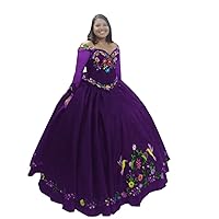 2024 Flower Embroidered Mexican Style Quinceanera Prom Dresses with Long Sleeves Illusion Off Shoulder Cocktail