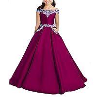 Girl's Satin Beaded Pageant Dress with Pockets A Line Off Shoulder Princess Ball Gown Fuchsia