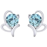 Created Round Cut Aquamarine Gemstone In 925 Sterling Silver 14K Gold Finish Diamond Cute Butterfly Stud Earring for Women's & Girl's