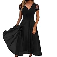 Fashion Lace Mesh Short Sleeve V Neck A-Line Dress for Womens Summer High Waist Elegant Classic Black Midi Dresses