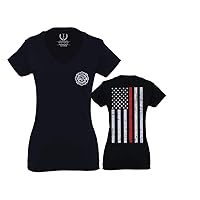 American Flag Thin Red Line Firefighter Support Seal for Women V Neck Fitted T Shirt