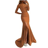 Mermaid Satin Prom Dress Spaghetti Straps for Women, V Neck Long Evening Dress Sleeveless Formal Dress High Slit