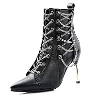 Women Dress Booties Pointed Toe Punk Rock Chain Zipper Heel Fashion Ankle Boots