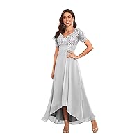 Lace Appliques Tea Length Mother of The Bride Dresses V Neck Short Sleeve Evening Gown