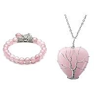 Top Plaza Bundle – 2 Items: Rose Quartz Gemstone Tree of Life Lucky Stone Stretch Bracelet & Natural Rose Quartz Stone Heart Shape Pendant Necklace