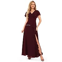 Ruffle Sleeve Bridesmaid Dresses for Women Long Split V Neck A-Line Chiffon Formal Wedding Party Gowns with Pockets