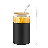 sungwoo Glass Cups with Bamboo Lids and Straws, 16OZ Ice Coffee Cup, Drinking Cup set with Wooden Lids and Silicone Sleeve, Home Essential Glass Tumblers for Beer, Cocktail, Tea and Latte 1 Pack Black
