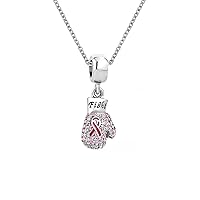 Boxing Glove Fight Breast Cancer Awareness Pink Ribbon Crystal Charm 18 inch Pendant Necklace for Women Girls