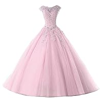 Long Lace Ball Gown Quinceanera Dresses Tulle Long Beaded Prom Party Gowns Sweet 16 Formal Dress US Size 14 Pink