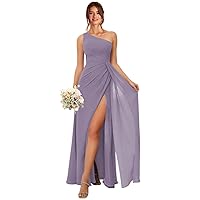One Shoulder Bridesmaid Dresses for Women Ruched Chiffon A Line Evening Formal Gown with Slit M028