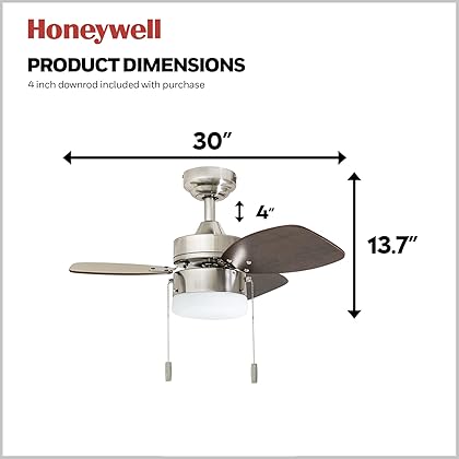 Honeywell Ceiling Fans Ocean Breeze, 30 Inch Modern Indoor LED Ceiling Fan with Light, Pull Chain, Dual Mounting Options, Dual Finish Blades, Reversible Motor - Model 50601-01 (Brushed Nickel)