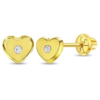 14k Yellow Gold Young Girls 5mm Clear Cubic Zirconia Heart Stud Earrings with Screw Backs - Tiny Heart Stud Earrings for Babies, Toddlers, & Young Girls - Lovely Child Heart Earrings