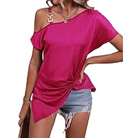 Women Cut-Out One Shoulder Asymmetrical Metal Buckle Strap Batwing Summer Top Short Sleeve Sexy T-Shirt Blouse